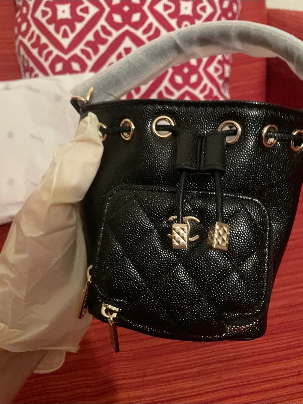 Make up Black Quilted Bucket Bag with Gold Hardware